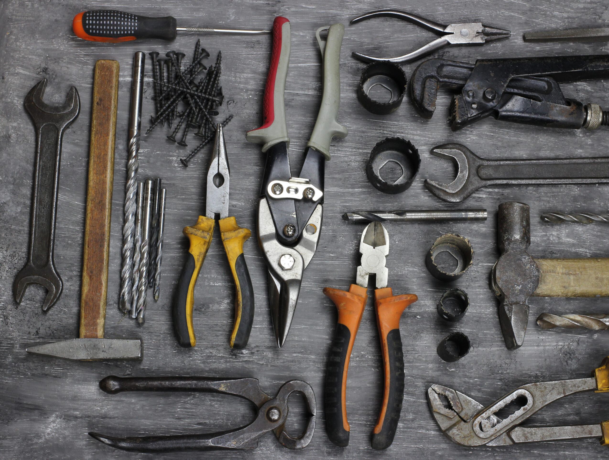 repairing implements for decorating and building renovation set in the wooden background. Top view